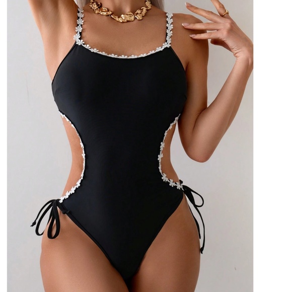 Floral Detail Cut out Side Tie Monokini One Piece Swimsuit - Picture 5 of 6
